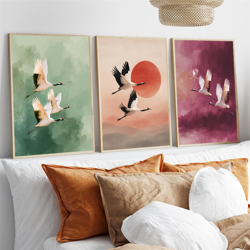 Japanese Lifestyle Home - Vintage Kraanvogel Vliegende Vogels Bloem Zon